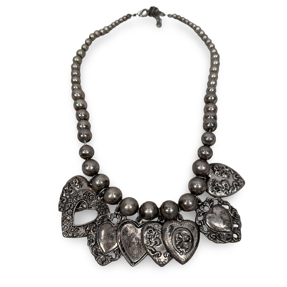 Vintage Ornate Heart Charm Statement Necklace Silver Tone Beaded Gray‎ 19in